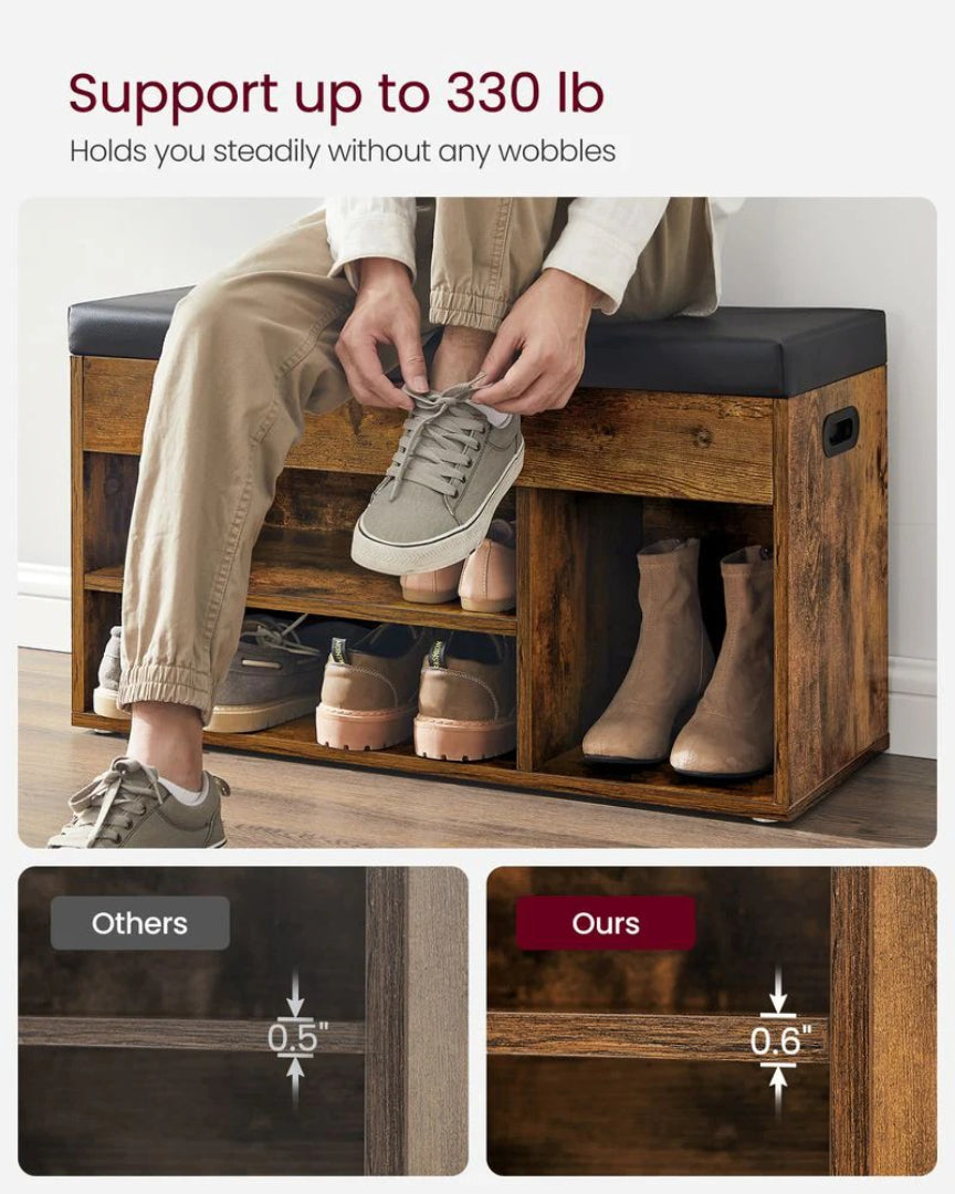 Shoe Storage Bench With Cushion, Drawers & Shelves, 31.5 Inch