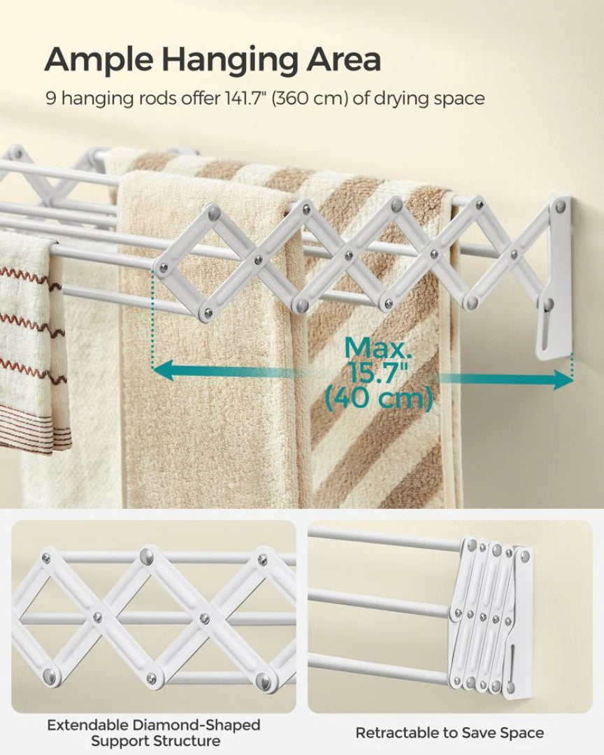 Wall Mounted Clothes Drying Rack Expandable 9 Rod Steel Airer