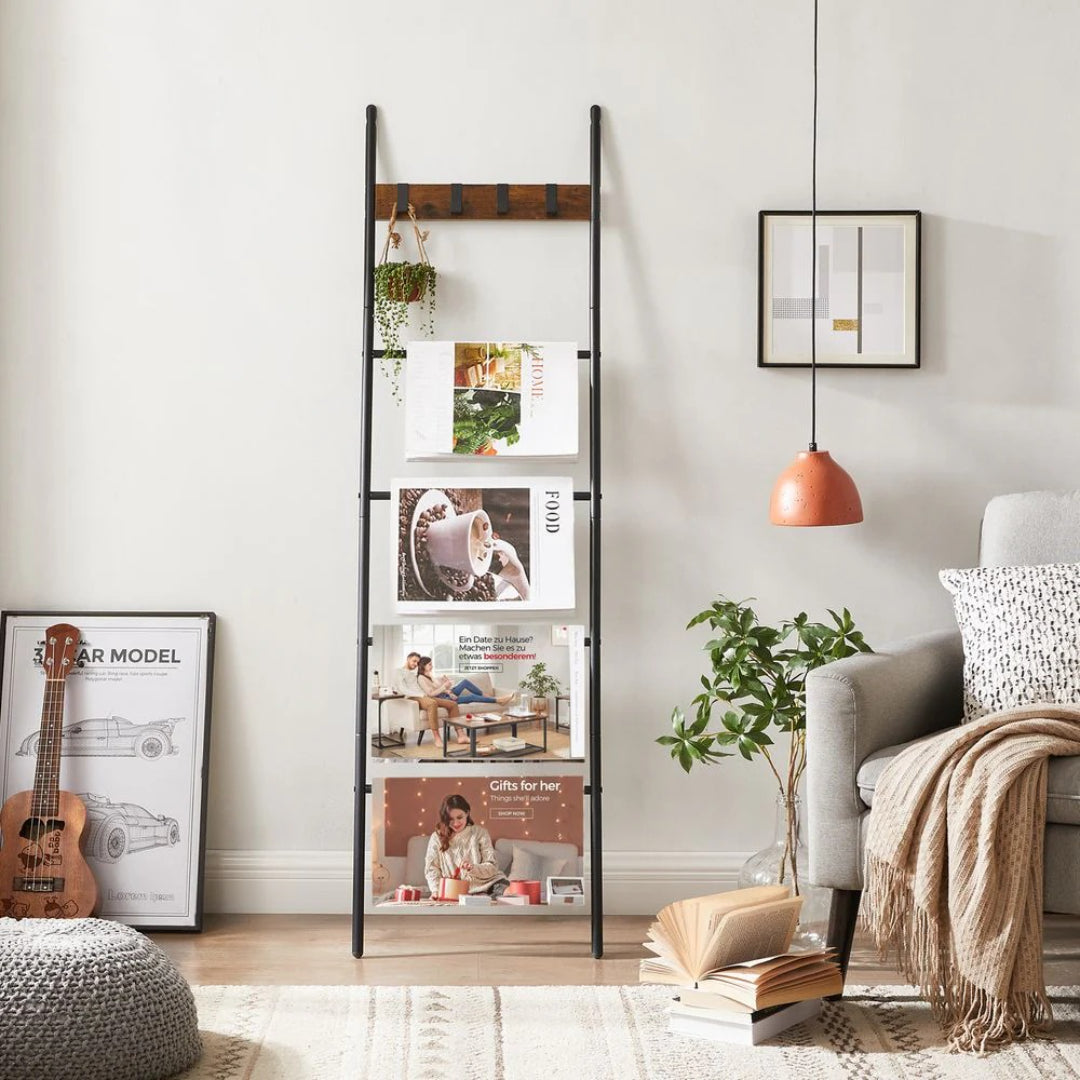 Blanket Ladder Shelf 5-Tier Towel Rack With Hooks