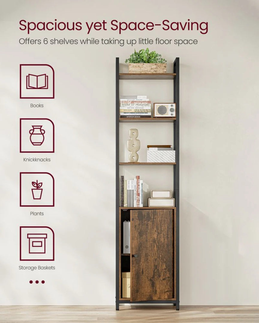 6 Tier Bookcase With Door And Adjustable Storage Shelves