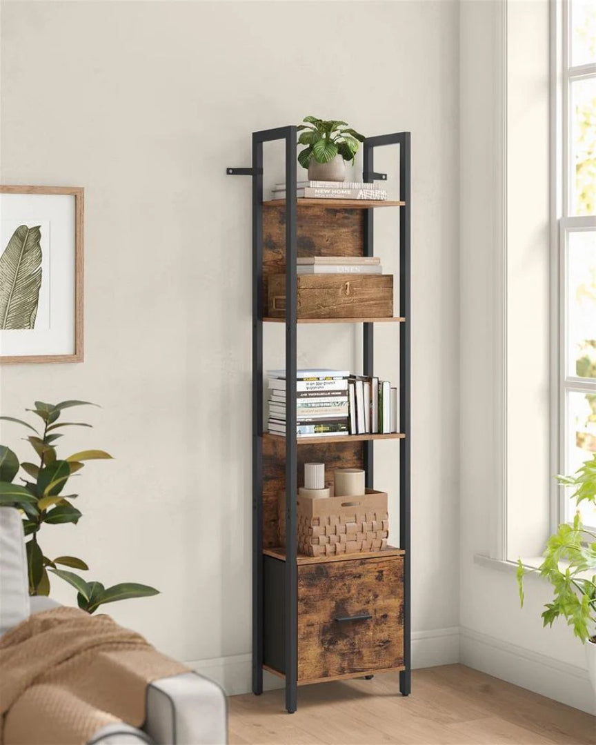5 Tier Bookshelf With Drawer Steel Frame Storage Shelf