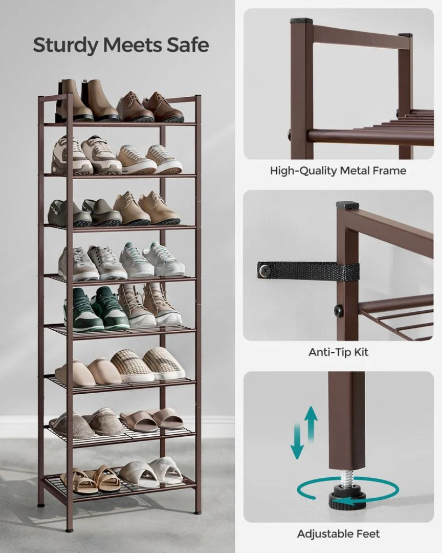 8 Tier Narrow Shoe Rack With Metal Shelves, Space Saving Organizer