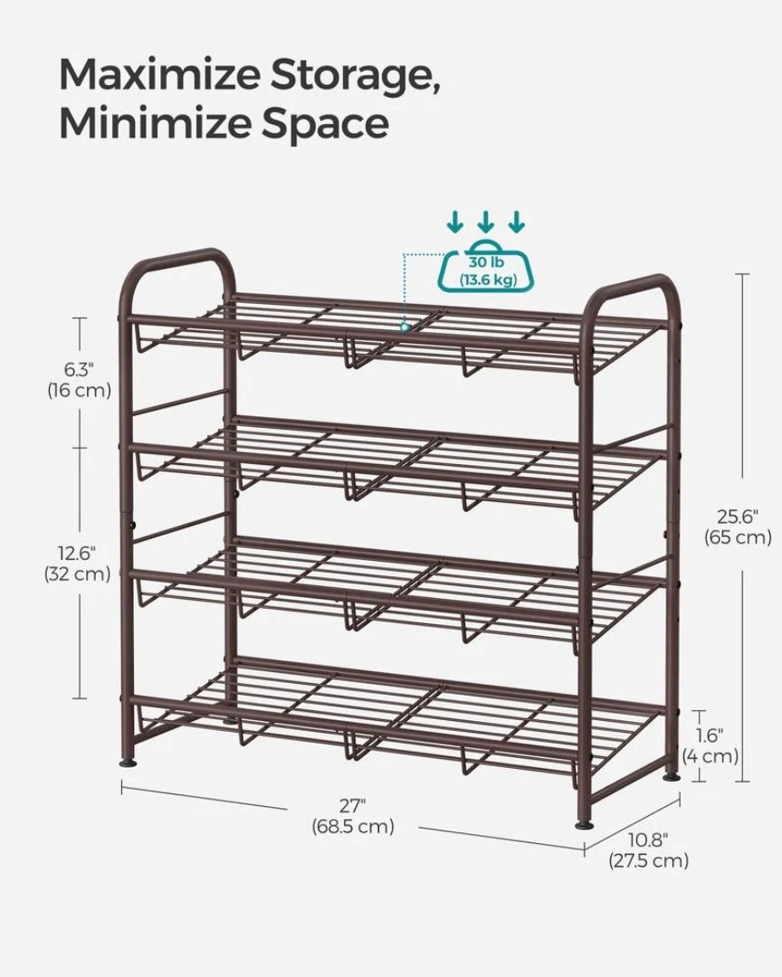 4 Tier Shoe Rack With Metal Shelves, Holds 16 Pairs Organizer