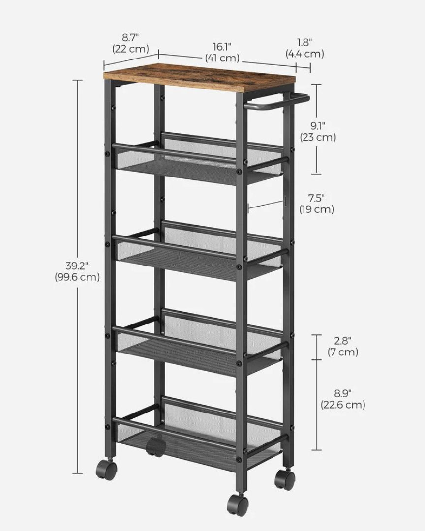 Slim Rolling Storage Cart 4 Or 5 Tier Narrow Utility