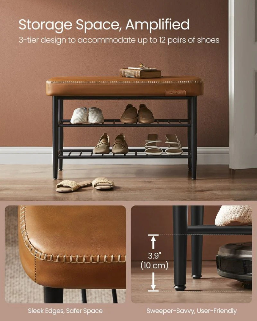 Shoe Bench With Cushion & Metal Shelves, 31.5/39.4 Inch Storage Bench