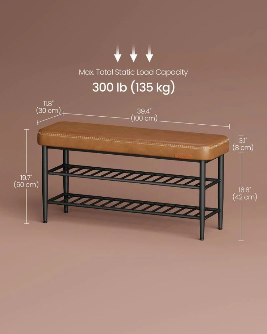 Shoe Bench With Cushion & Metal Shelves, 31.5/39.4 Inch Storage Bench