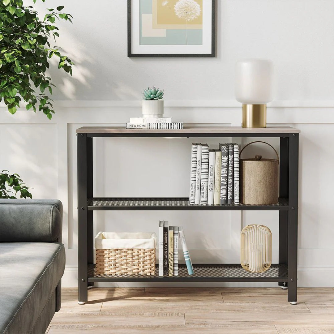 3-Tier Entryway Console Table with Mesh Shelves, Industrial Storage Shelf