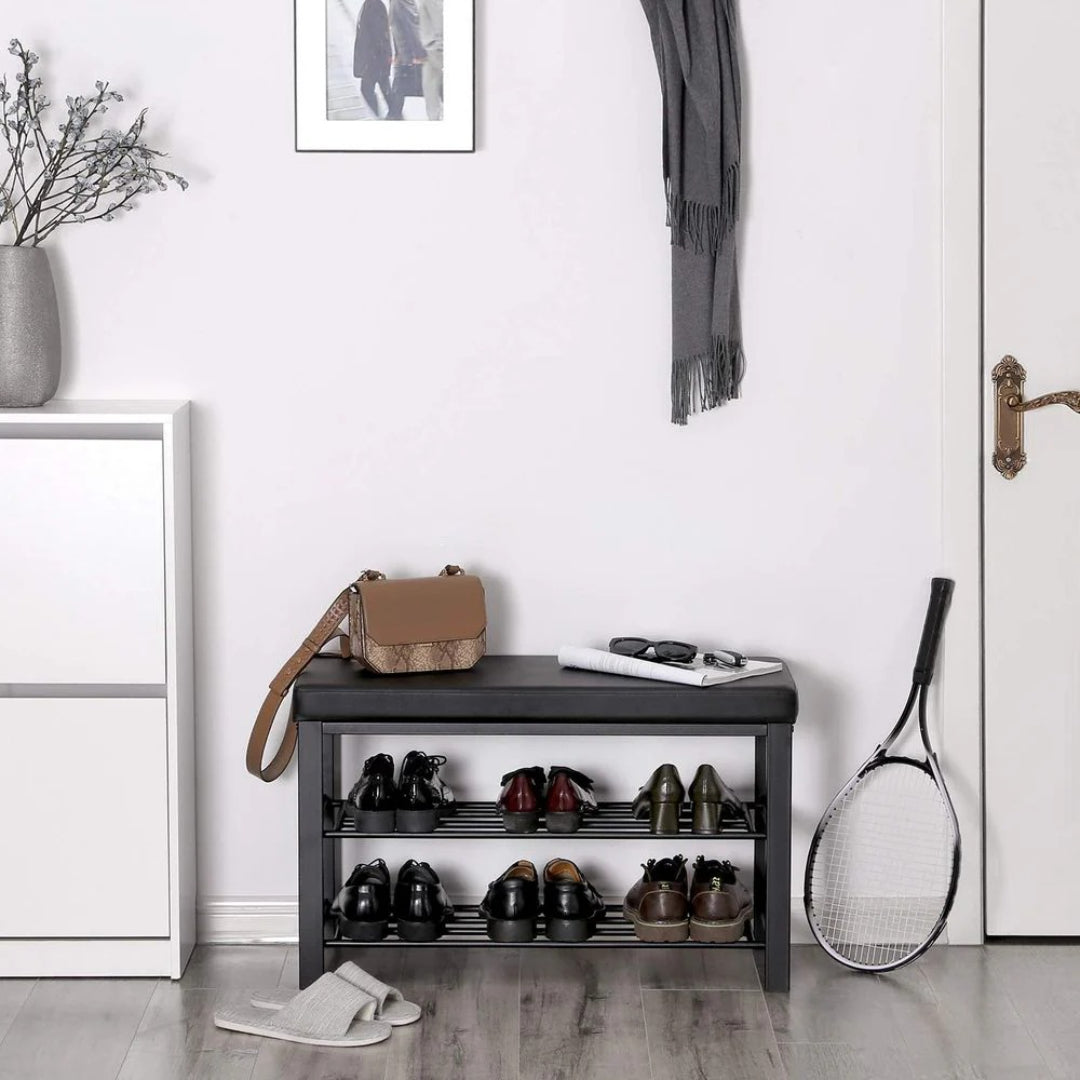 3 Tier Shoe Bench With Cushion & Storage Shelves Entryway Unit
