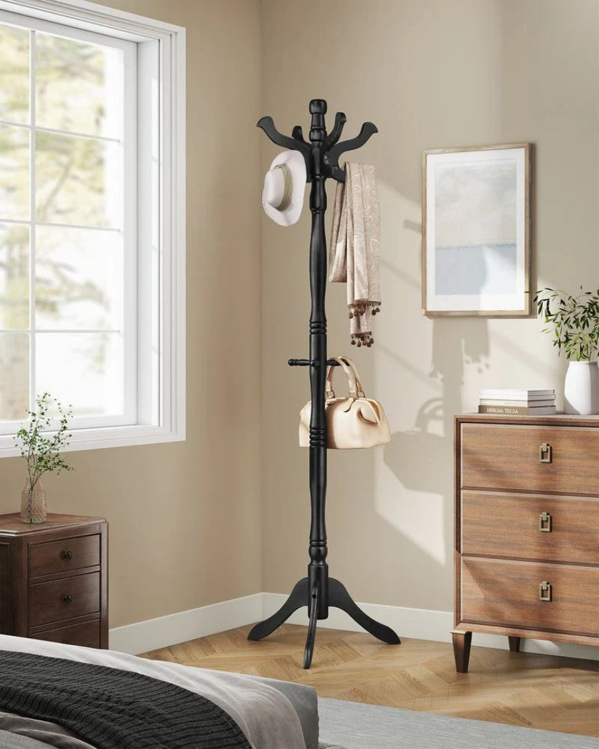 Freestanding Coat Rack With 11 Hooks, Solid Wood Stand