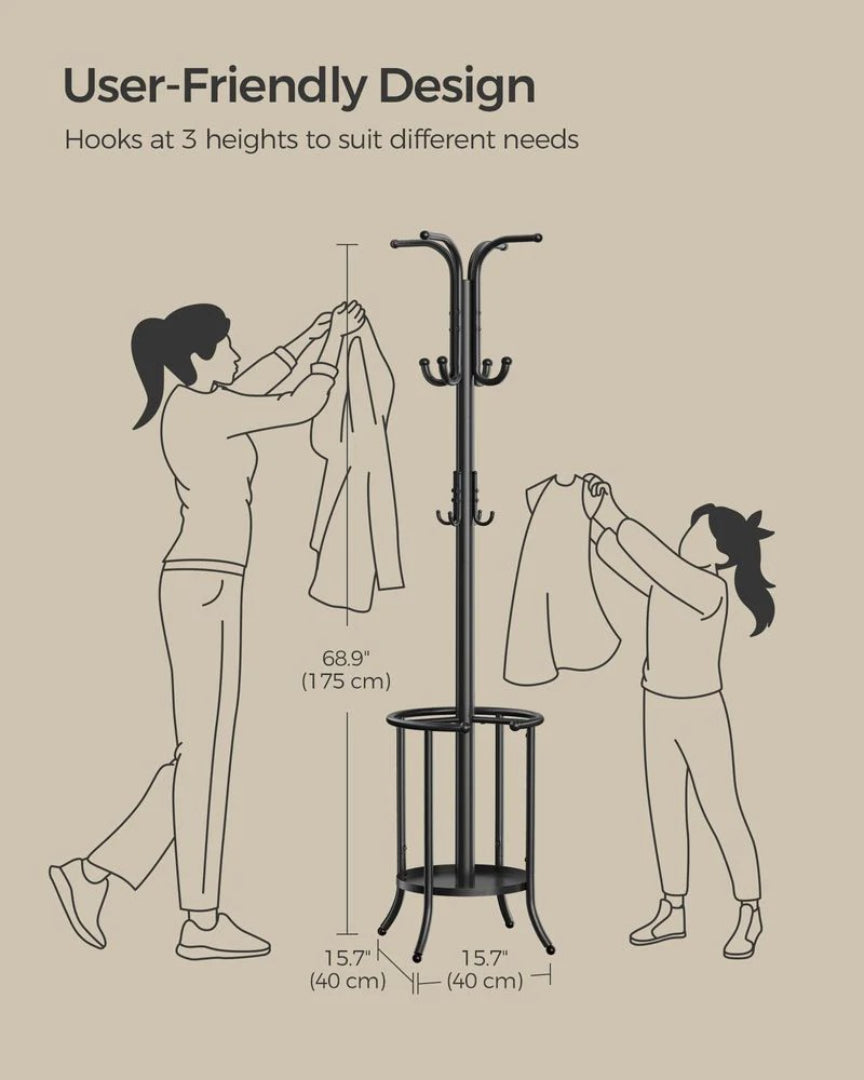 Freestanding Coat Rack With Umbrella Holder & 12 Hooks
