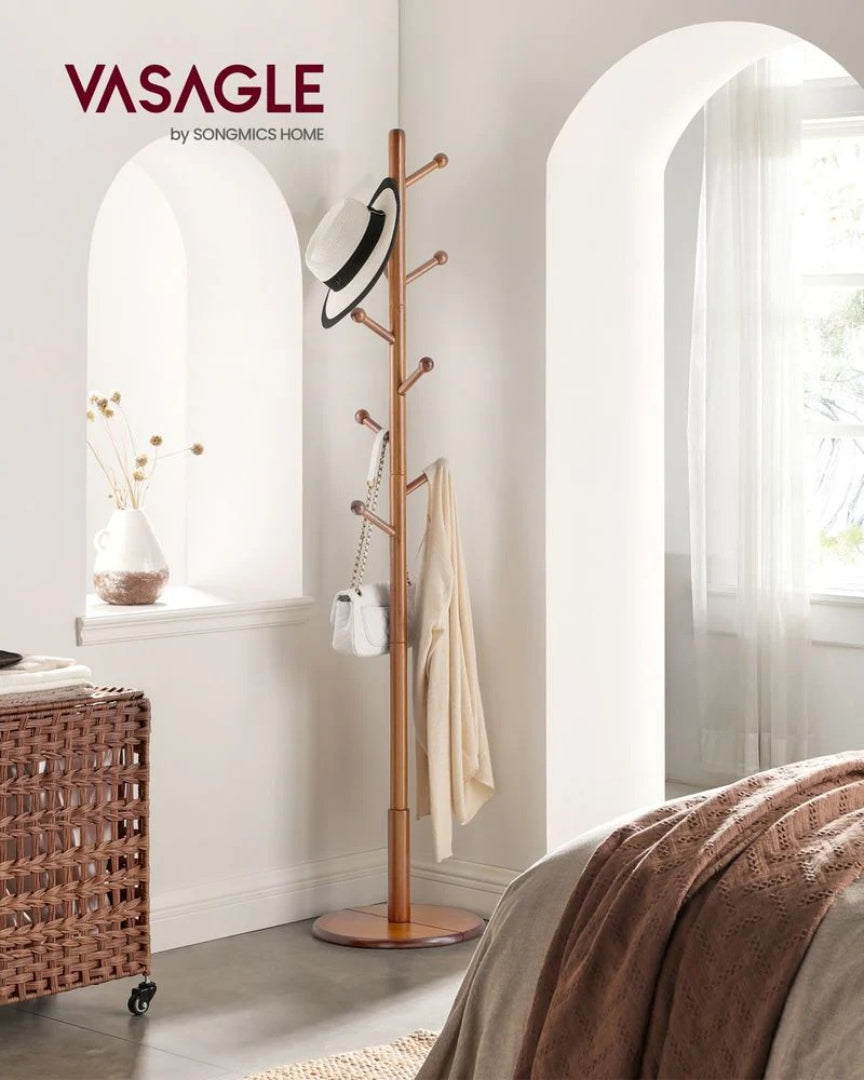 Solid Wood Coat Rack With 7 Hooks, Adjustable Freestanding Stand