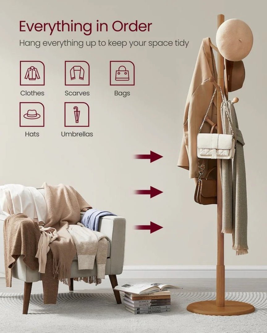 Solid Wood Coat Rack With 7 Hooks, Adjustable Freestanding Stand