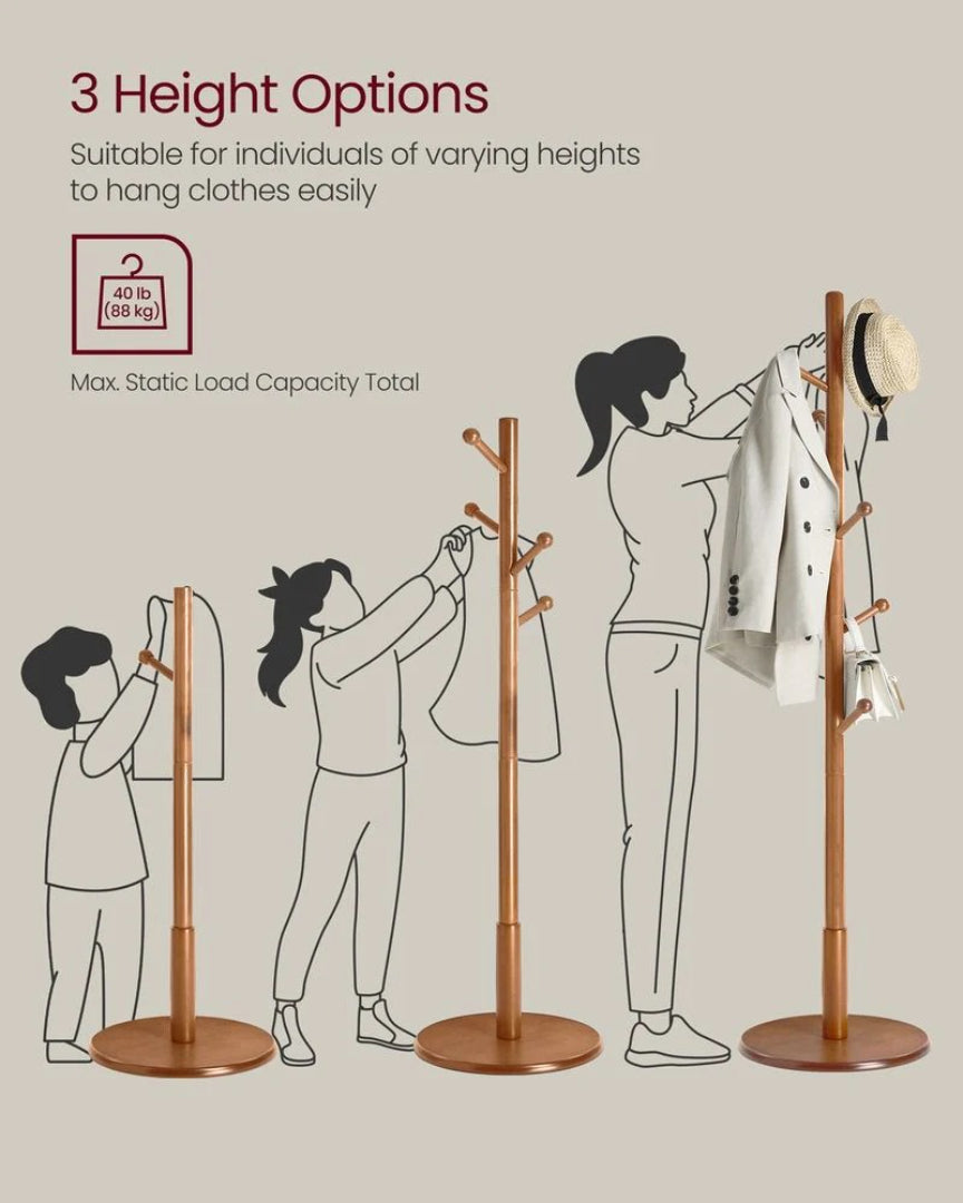 Solid Wood Coat Rack With 7 Hooks, Adjustable Freestanding Stand
