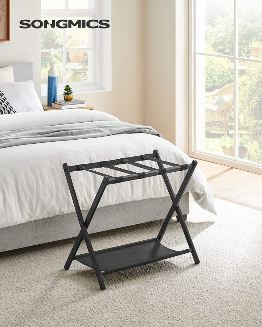 Folding Luggage Rack With Shelf Steel Suitcase Stand