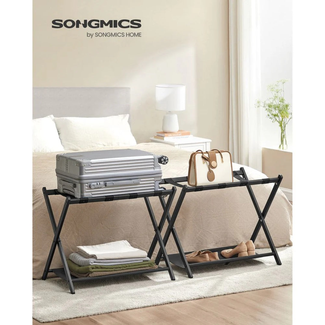 Folding Luggage Rack With Shelf Steel Suitcase Stand