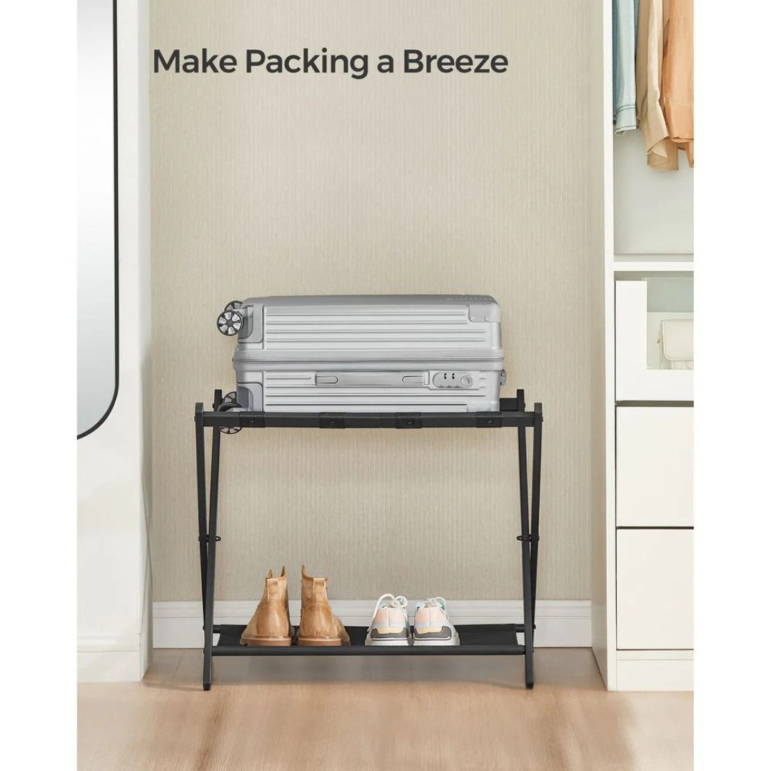 Folding Luggage Rack With Shelf Steel Suitcase Stand