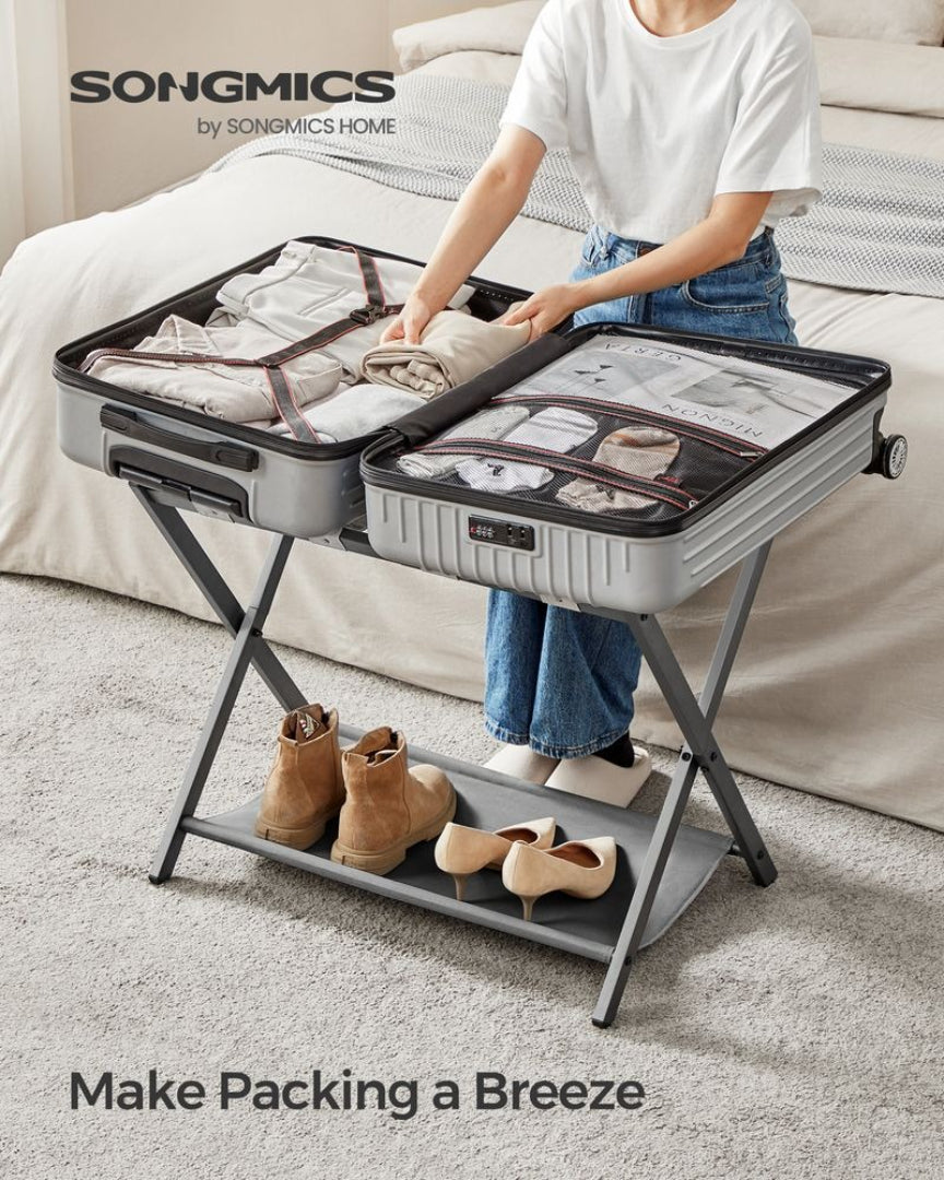 Folding Luggage Rack With Shelf Steel Suitcase Stand