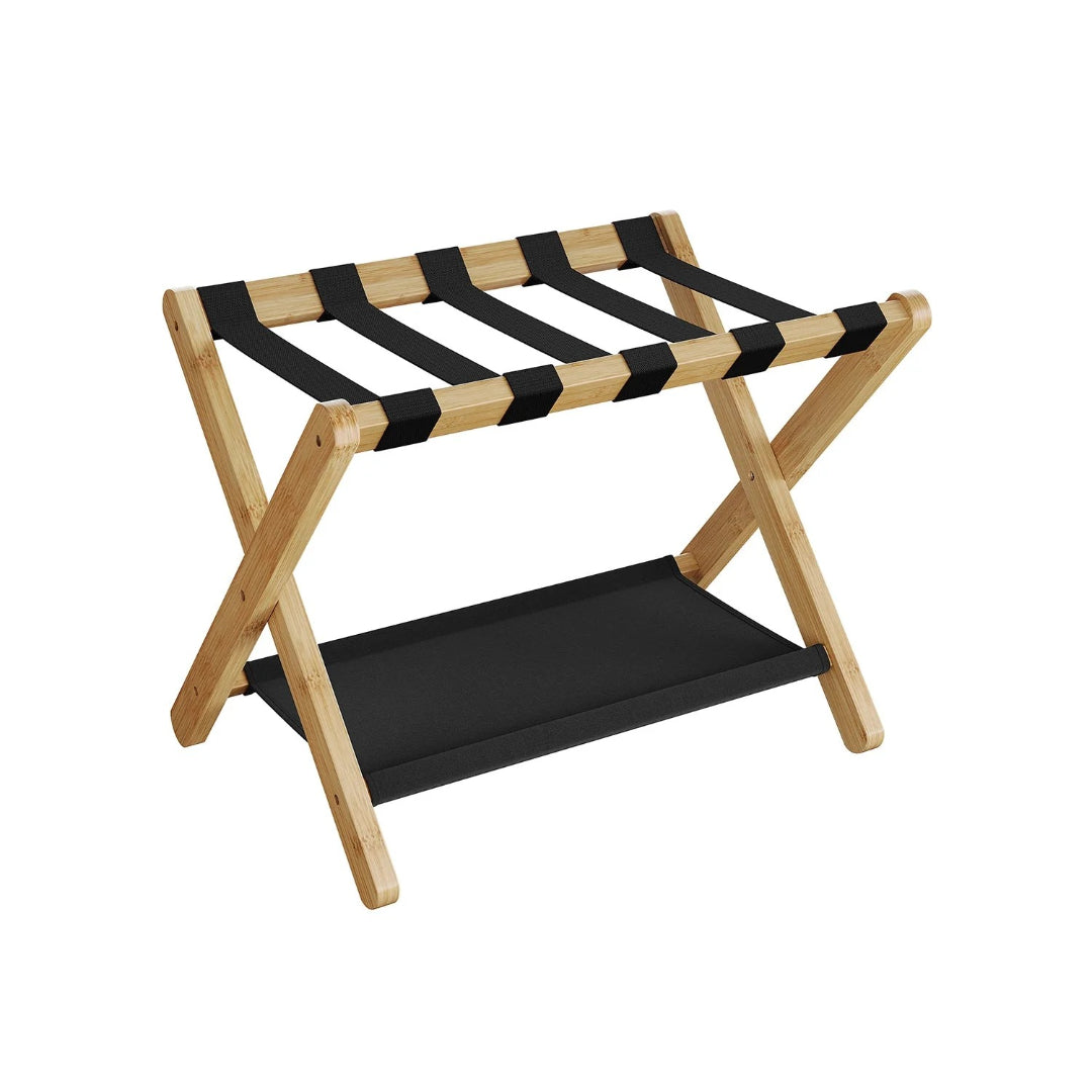 Folding Luggage Rack With Storage Shelf Bamboo Suitcase Stand