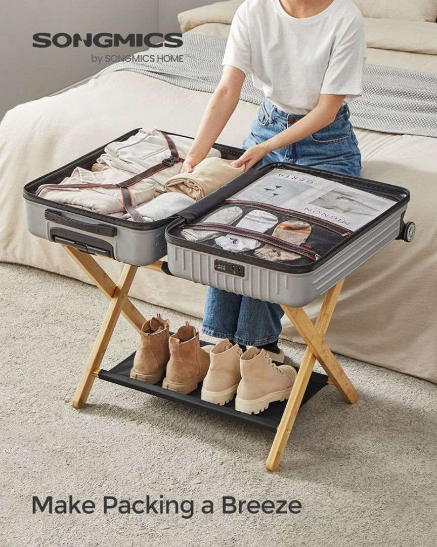 Folding Luggage Rack With Storage Shelf Bamboo Suitcase Stand