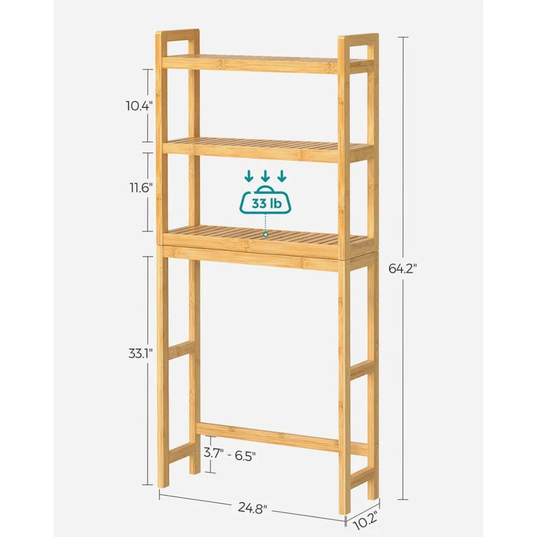 Over Toilet Bathroom Organizer 3-Tier Bamboo Shelf 66.9in High