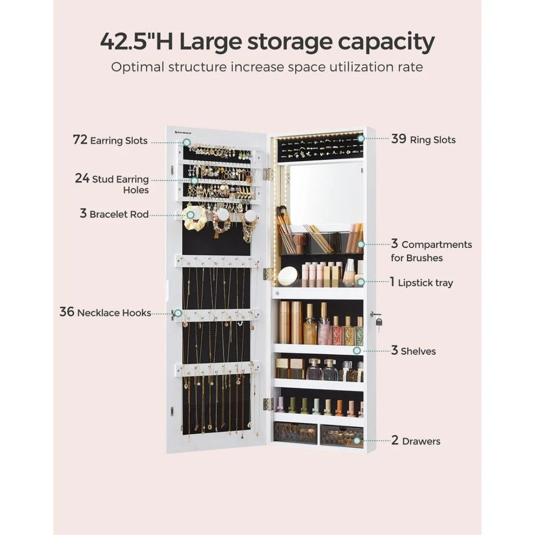 LED Mirror Jewelry Cabinet Armoire Wall Or Door Mounted