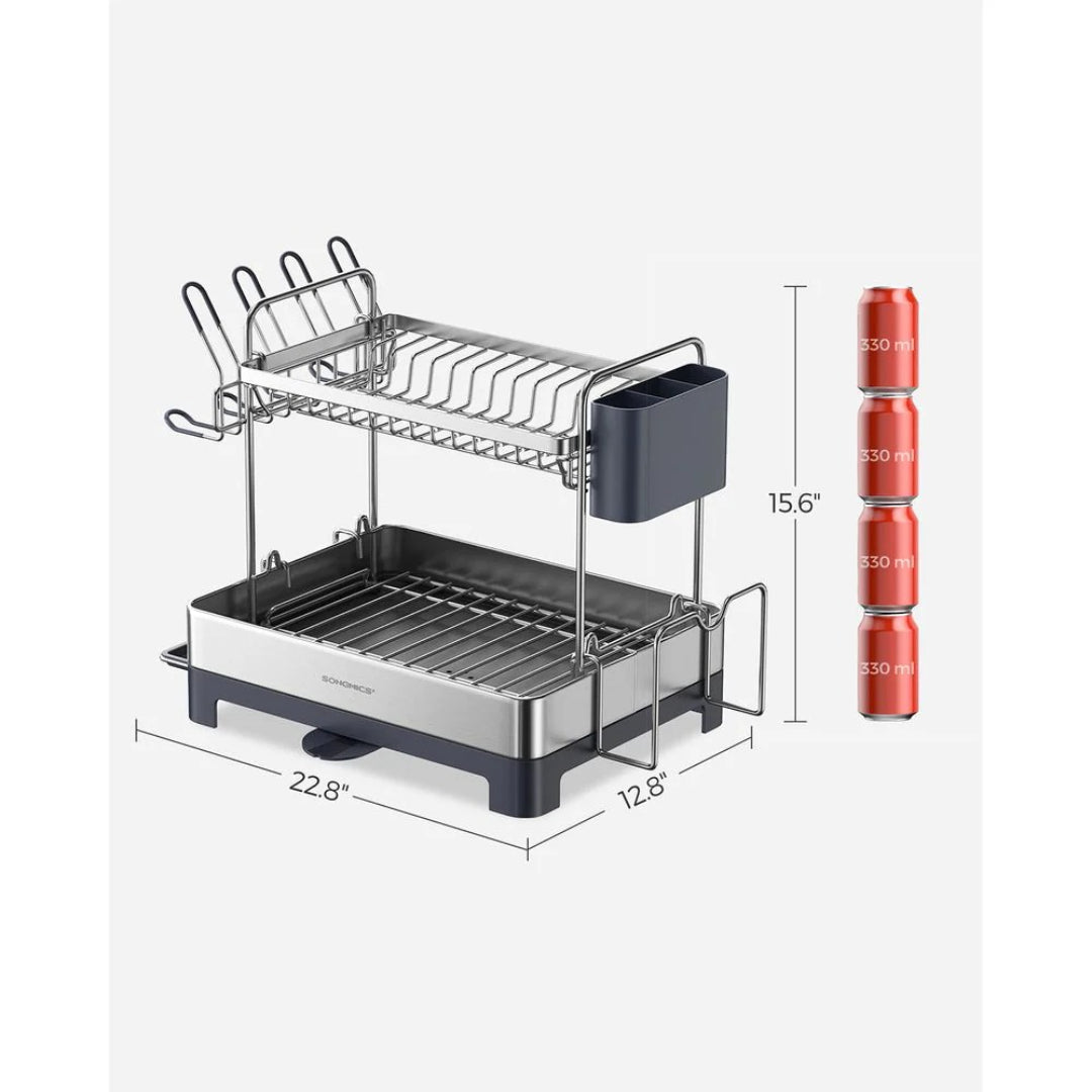 2-Tier Dish Drying Rack with Drainboard, Stainless Steel Kitchen Dish Rack