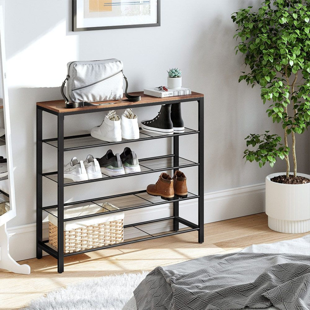 5 Tier Shoe Rack With Mesh Shelves & Storage Top Organizer