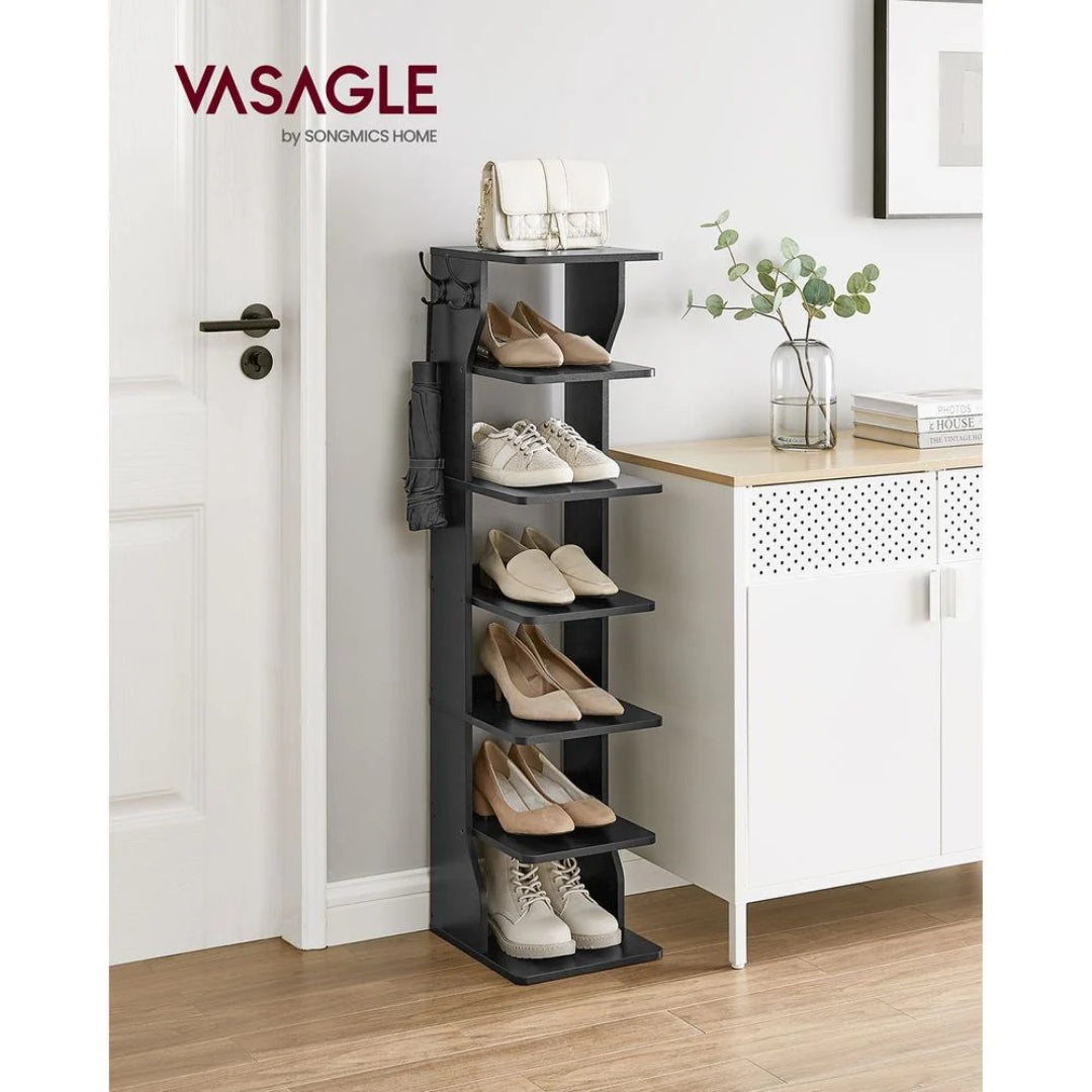 7 Tier Slim Shoe Rack With Hooks, Narrow Shoe Storage Organizer