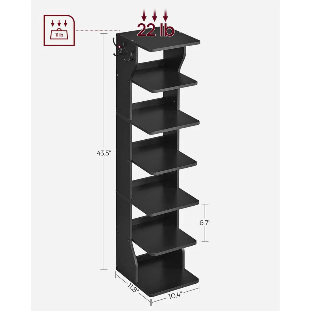 7 Tier Slim Shoe Rack With Hooks, Narrow Shoe Storage Organizer