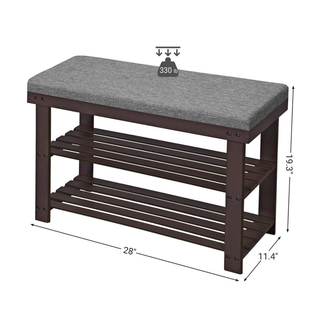Shoe Organizer Bench With Cushion & 2 Shelves, 28 Inch Unit