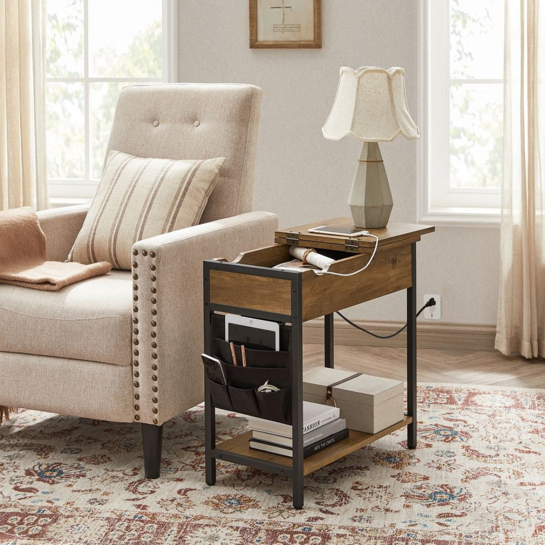 End Table With USB Ports And Power Outlets Storage Shelf