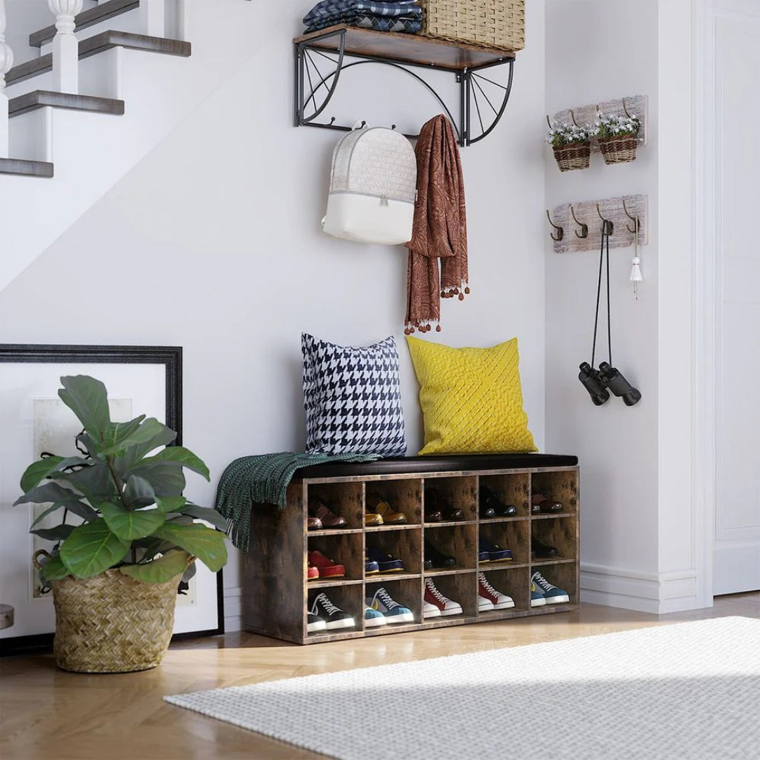 Shoe Storage Bench With Cushion, 15 Compartments Organizer