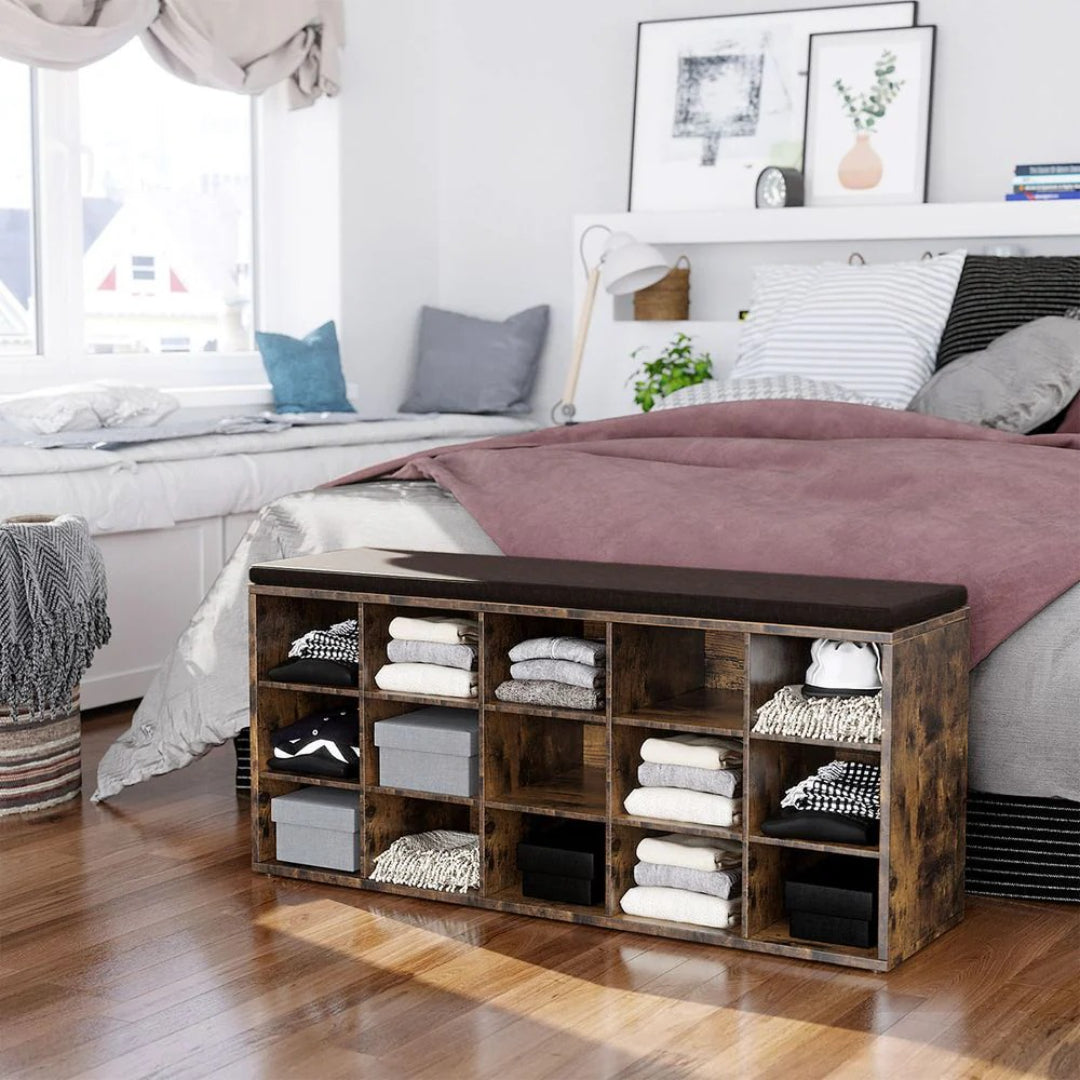 Shoe Storage Bench With Cushion, 15 Compartments Organizer
