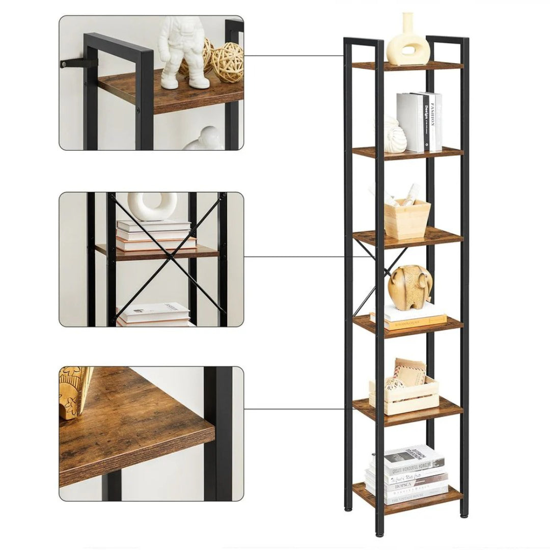 6 Tier Narrow Bookcase With Steel Frame, 73.8 Inch Storage Shelf