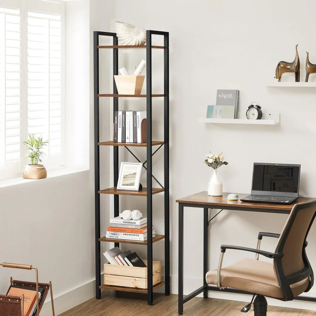 6 Tier Narrow Bookcase With Steel Frame, 73.8 Inch Storage Shelf