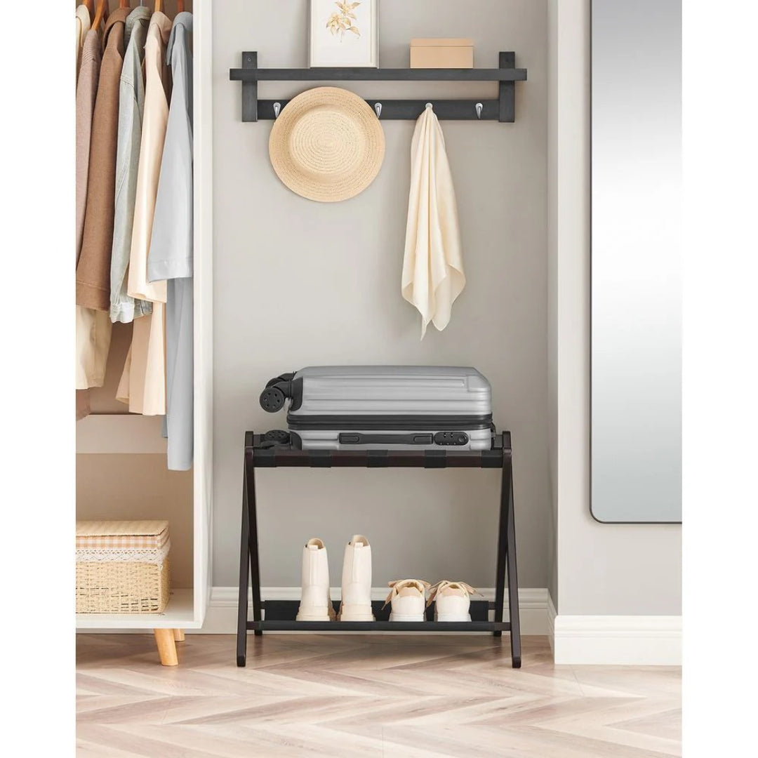Folding Luggage Rack With Storage Shelf Bamboo Suitcase Stand